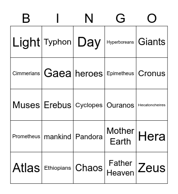 Mythology Bingo! Bingo Card