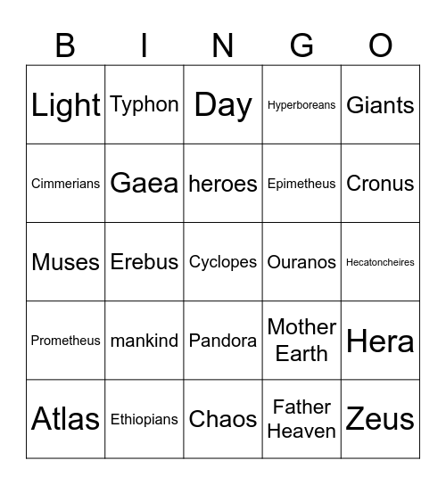 Mythology Bingo! Bingo Card