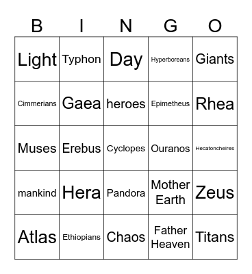 Mythology Bingo! Bingo Card