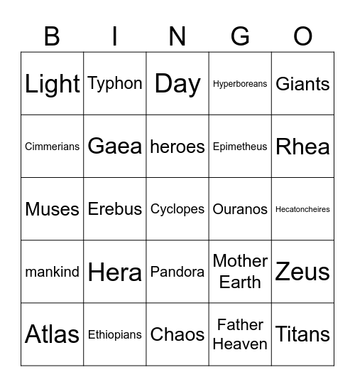 Mythology Bingo! Bingo Card