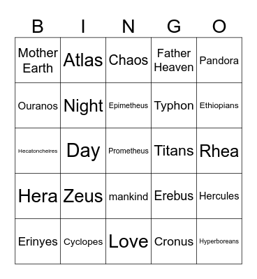 Mythology Bingo! Bingo Card