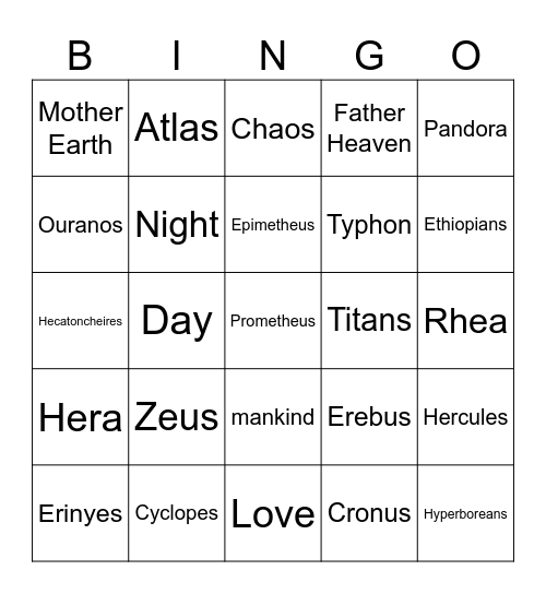 Mythology Bingo! Bingo Card