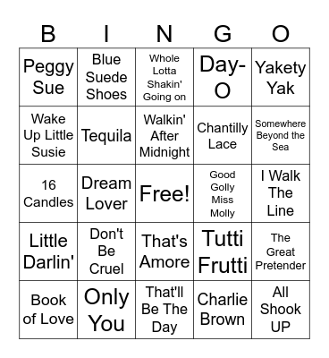 1950's Music Bingo Card