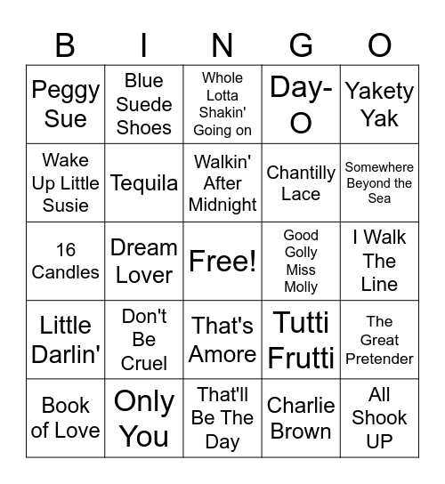 1950's Music Bingo Card