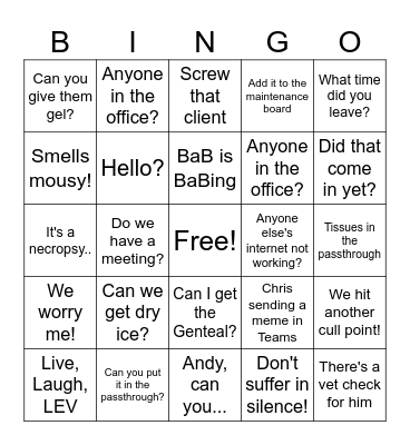Vet Tech Bingo Card