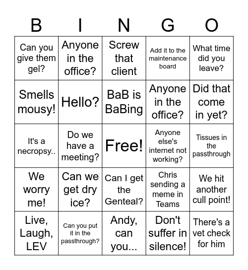 Vet Tech Bingo Card