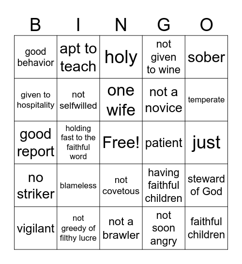 BISHOP BINGO Card