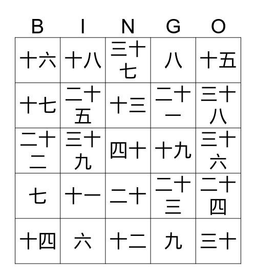 数字1-50 Bingo Card