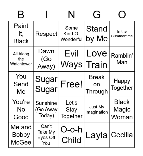60s & 70s Music Hits Bingo Card