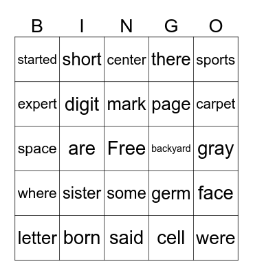 Spelling Words BINGO Card