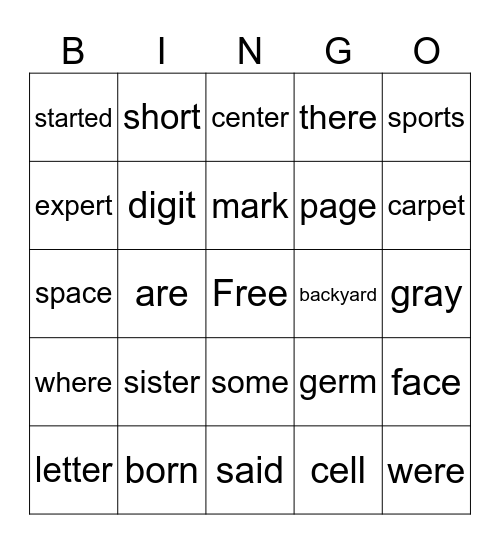Spelling Words BINGO Card