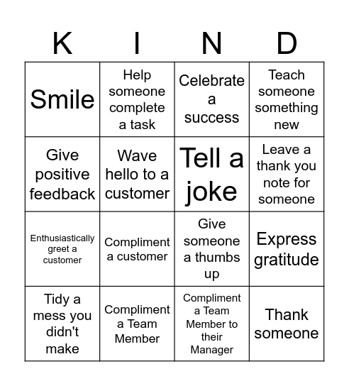 World Kindness Day Bingo Card
