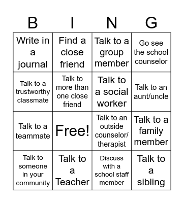 Social Support Bingo Card