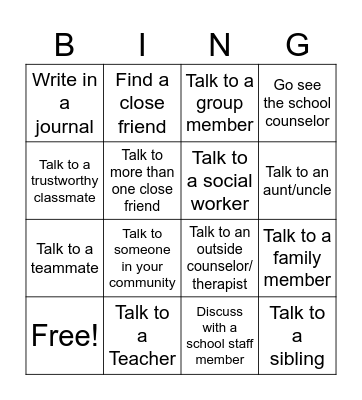 Social Support Bingo Card