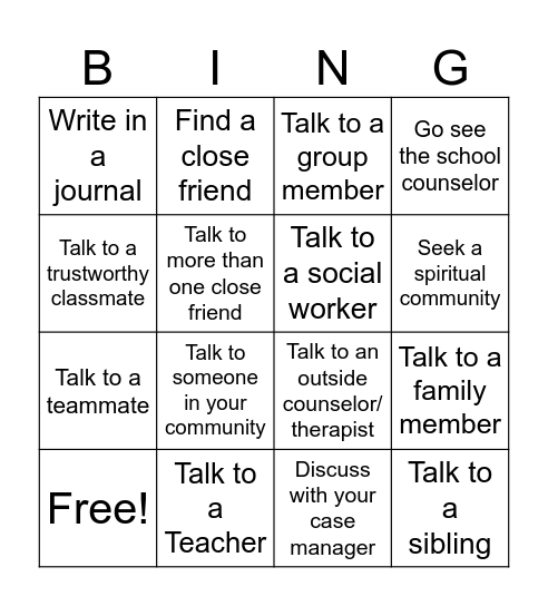 Social Support Bingo Card