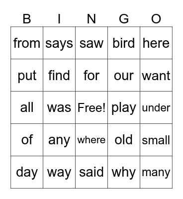 Sight Words Ex. Review Bingo Card