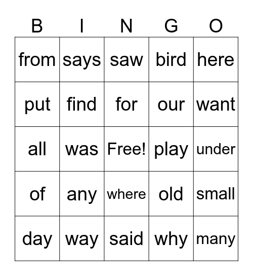 Sight Words Ex. Review Bingo Card