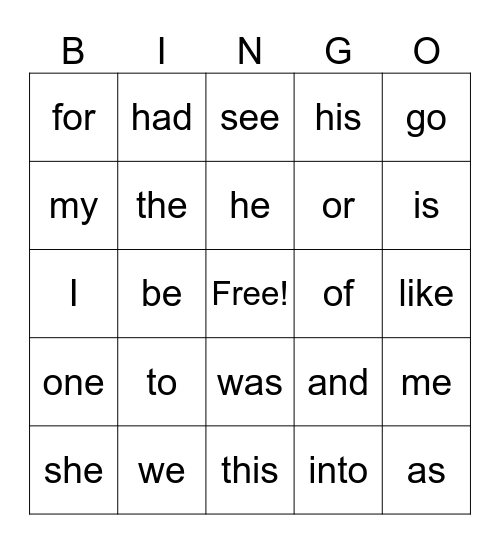 Sight Word Bingo Card