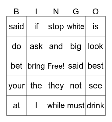 heart word Bingo Card
