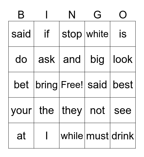 heart word Bingo Card