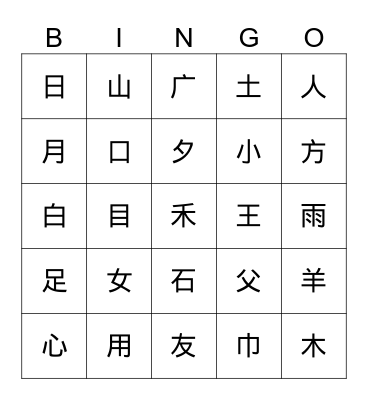 Chinese Radicals 1 Bingo Card