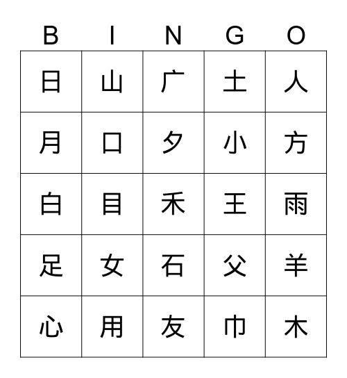 Chinese Radicals 1 Bingo Card
