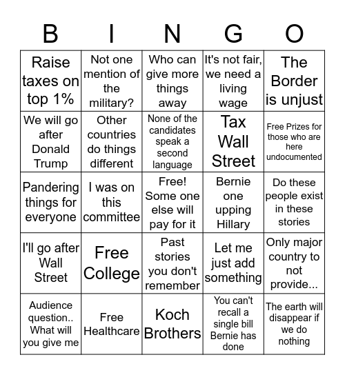 DEMs Debate Bingo Card