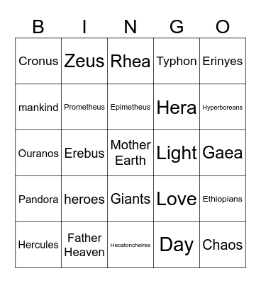 Mythology! Bingo Card