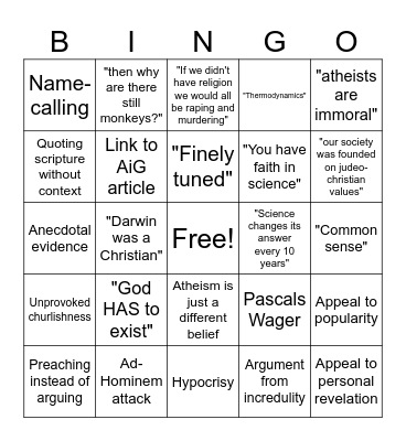 Shitty Theist Bingo Card