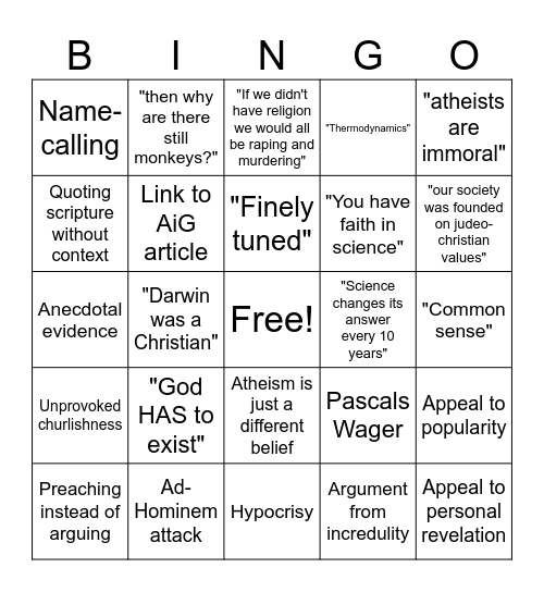 Shitty Theist Bingo Card