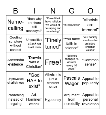 Shitty Theist Bingo Card