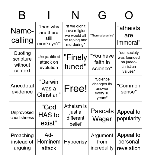 Shitty Theist Bingo Card