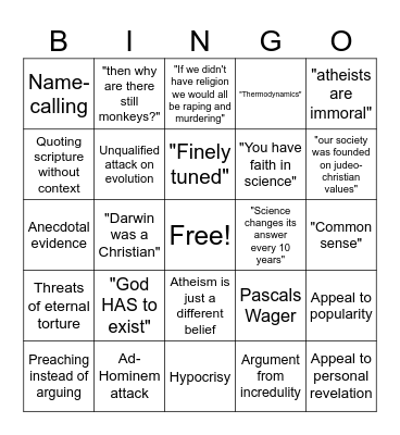 Shitty Theist Bingo Card