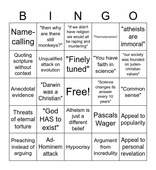 Shitty Theist Bingo Card