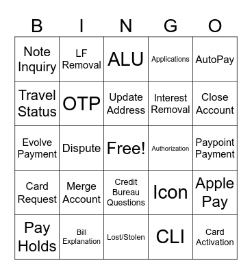 Card Services Bingo Card
