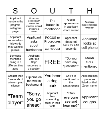 Universoty of South Alabama Bingo Card