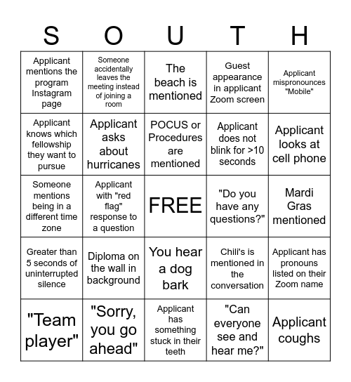 Universoty of South Alabama Bingo Card