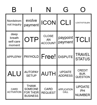 CARD SERVICES BINGO Card