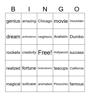 Walt Disney Bingo Card