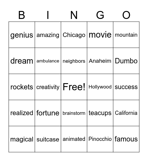 Walt Disney Bingo Card