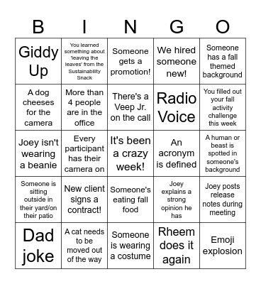 VP Fall Weekly Recap Bingo Card