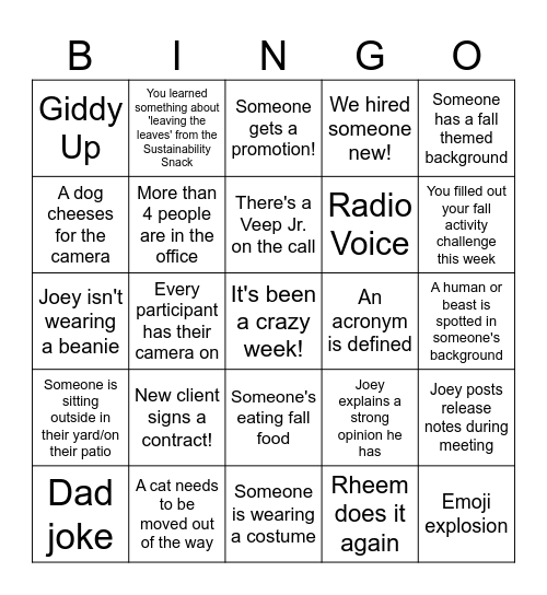 VP Fall Weekly Recap Bingo Card