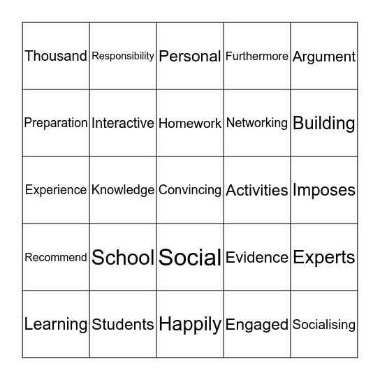 Let's stop homework Bingo Card