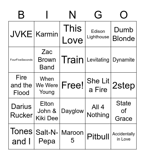 Rd 5 Music Bingo Card