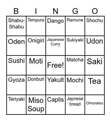 Japanese Cuisine Bingo Card