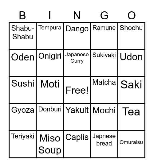 Japanese Cuisine Bingo Card