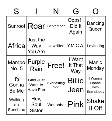 YCBC SINGO - Pop Bingo Card