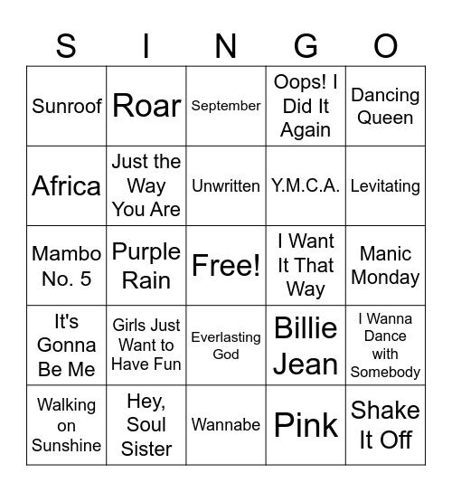 YCBC SINGO - Pop Bingo Card