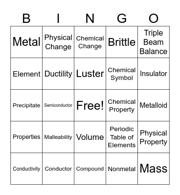 Properties of Matter Bingo Card