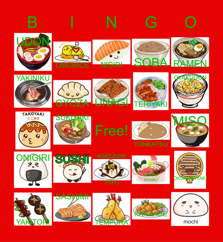 JAPANESE FOOD BINGO Card
